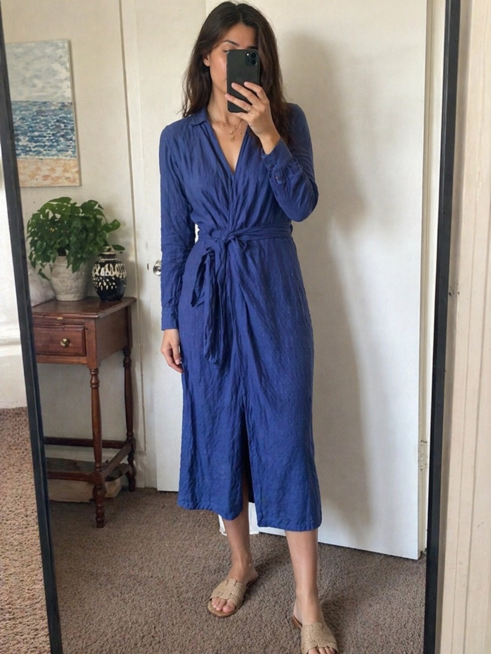 Magaschoni 100% Linen Blue Wrap Midi Dress Size 6 Lightweight Summer